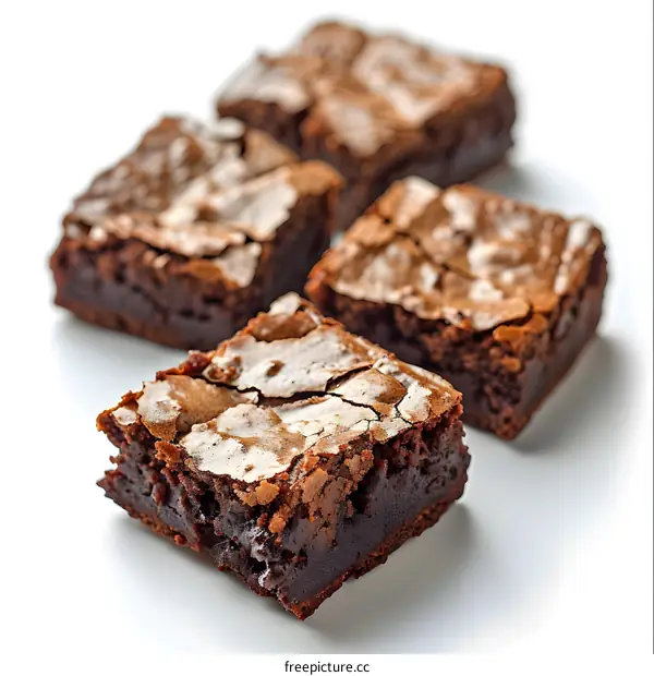 Freshly baked chocolate brownies on white background