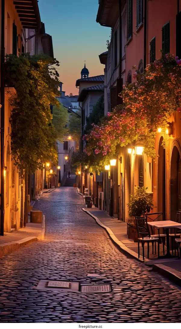 Charming cobblestone street in the old city of Rome, Italy