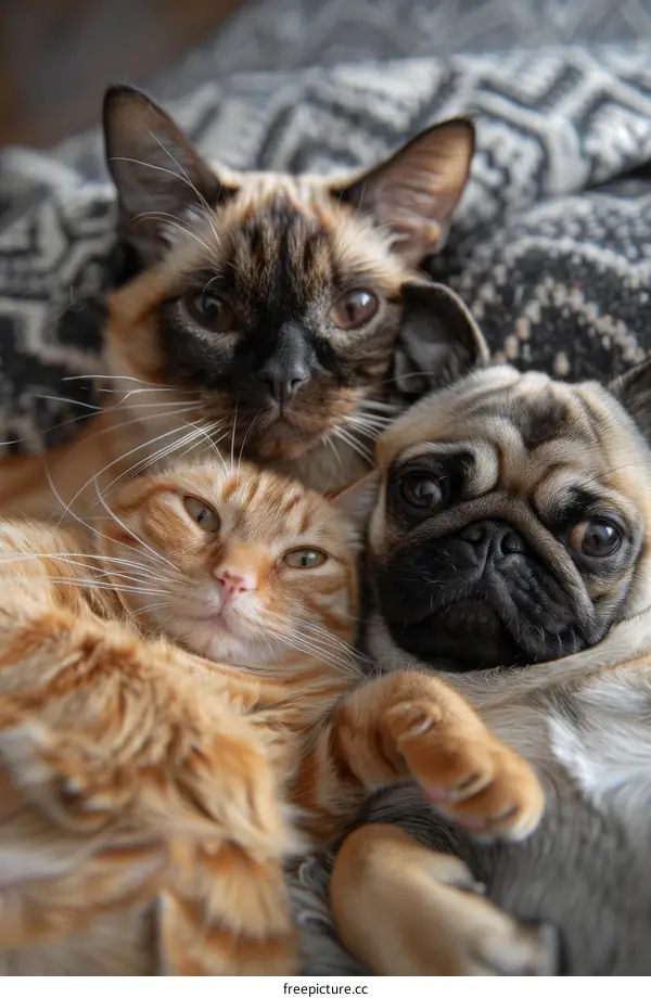 Three Adorable Pets Cozy Together
