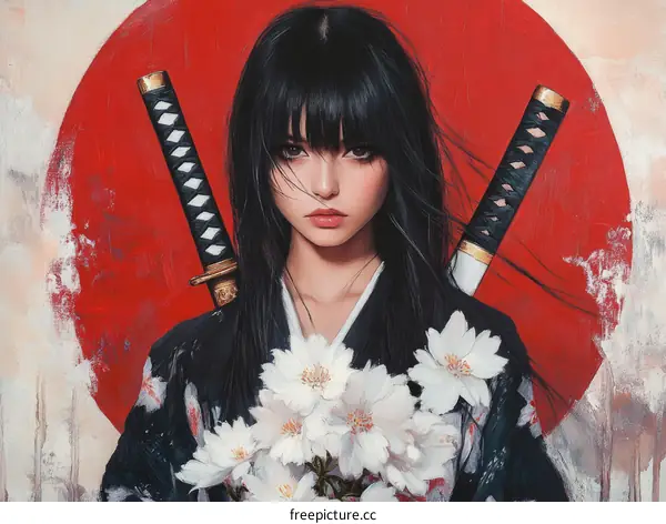Asian Female Warrior with Swords and Flowers