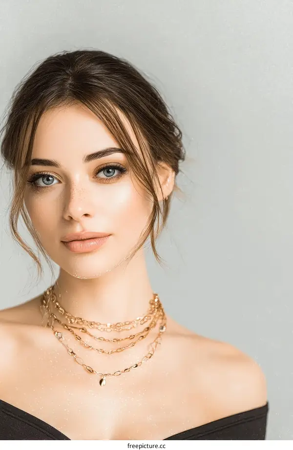 Beautiful Woman with Elegant Layered Gold Necklaces