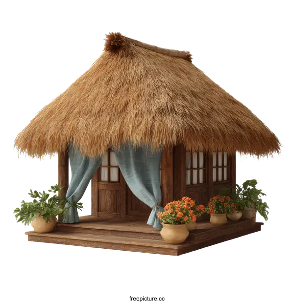 [Transparent Background PNG]Traditional Wooden Hut with Straw Roof Illustration
