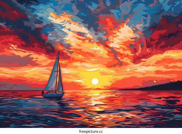 A sailboat on the sea at sunset