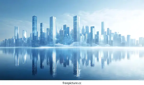 Futuristic City Skyline Reflection on Calm Water