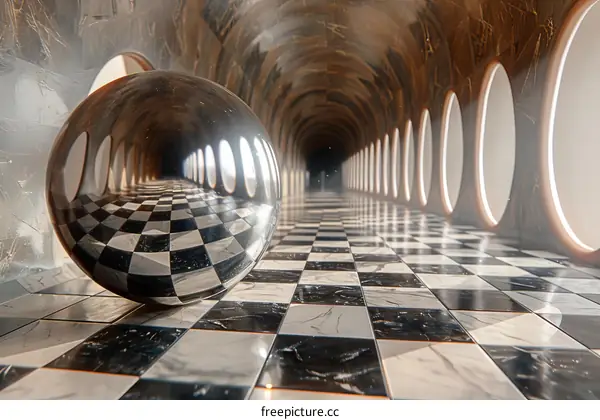 Marble Hallway with Checkered Floor and Glass Sphere