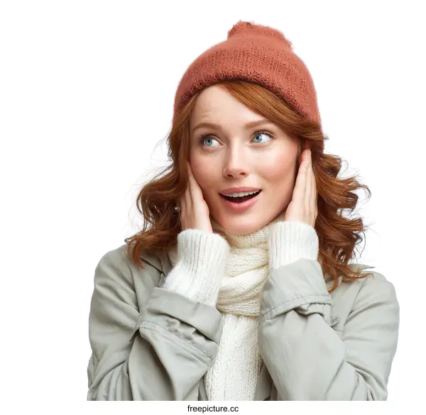 [Transparent Background PNG]Redhead woman in winter coat and hat looks surprised