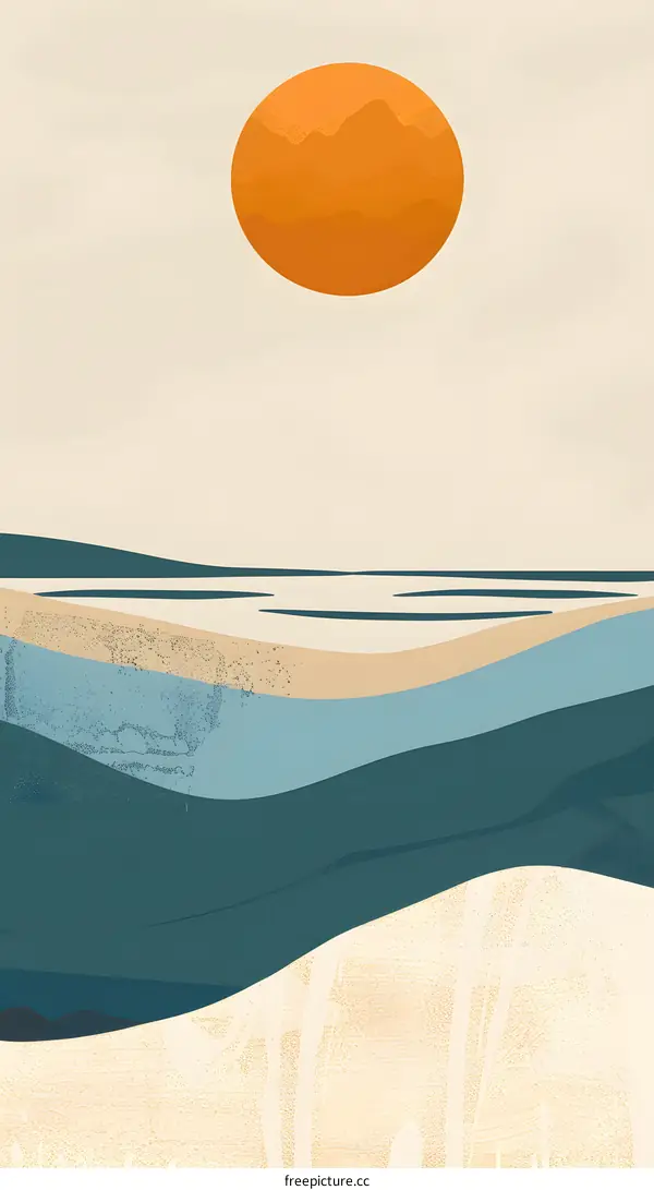 Abstract Minimalist Sunset Landscape with Mountains and Sea
