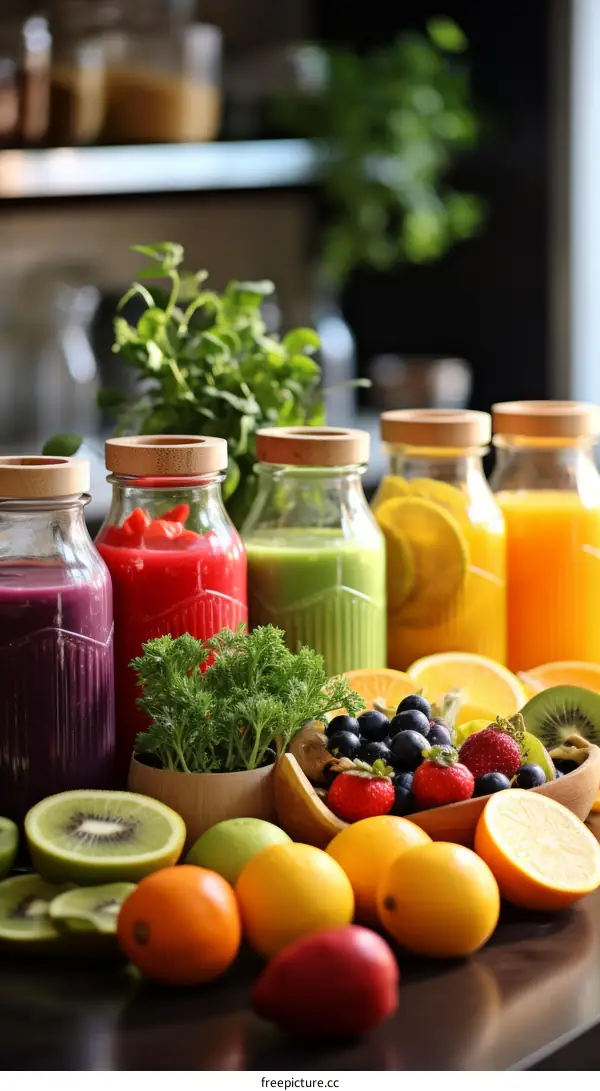 Bottles and bowls of fresh fruit and vegetable juices in a variety of colors