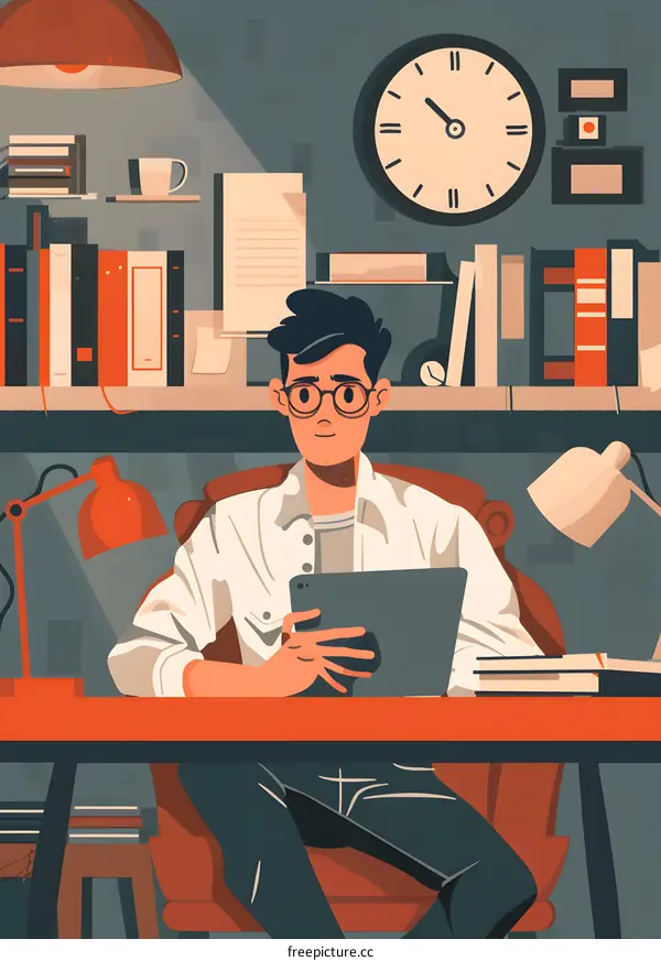 Young Man Working from Home with Tablet