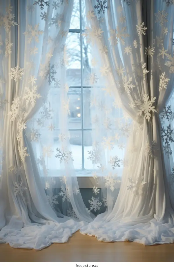 White sheer curtains with snowflake appliques hang in front of a window