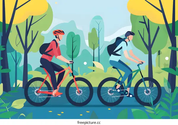Couple Cycling in Nature Illustration