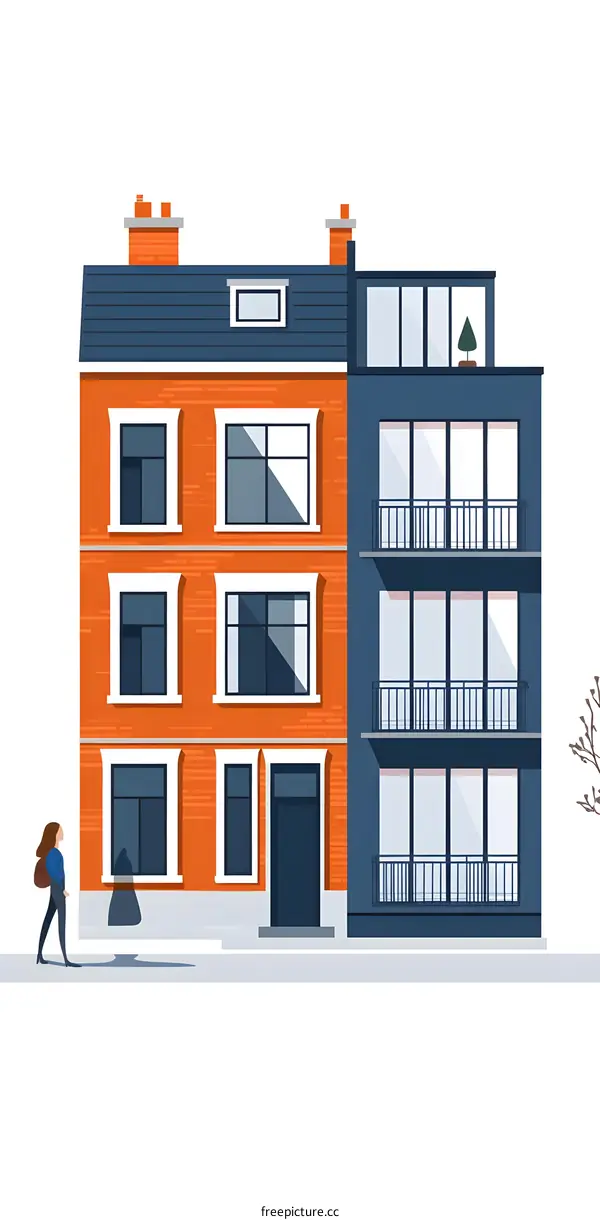 Woman Walking Past Modern Brick Building Illustration