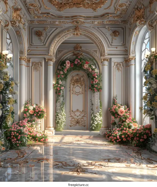 Opulent Marble Mansion with Flowers and Archway