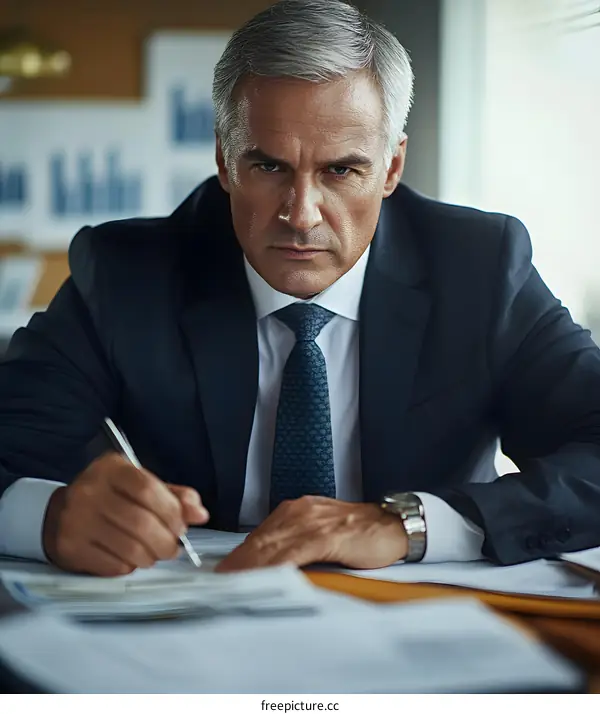 Serious Businessman Looking At Camera While Signing Documents In Office