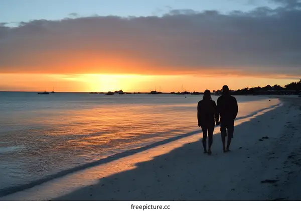 Couple Walking on Beach at Sunset
