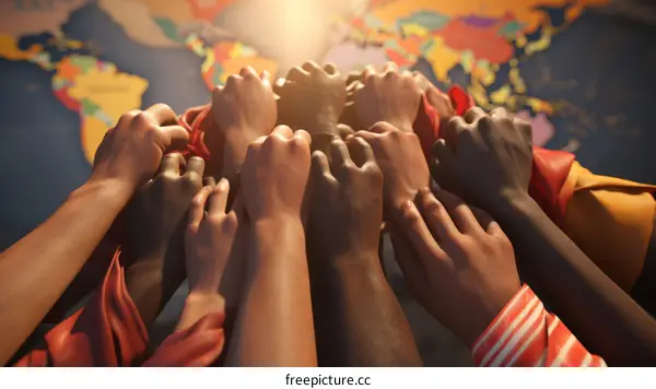 Unity and Diversity: People of Different Ethnicities Hold Hands Before a World Map