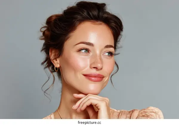 A Young Woman with Curly Hair and Natural Makeup Looking Away