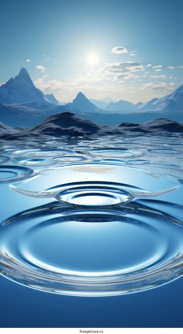 Crystal clear water surface with snow capped mountain landscape in the background