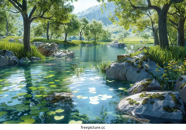 Sunlight dances upon the sparkling lake's surface amidst towering trees