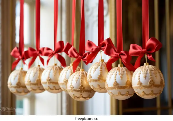 Ornate gold and white Christmas ornaments hanging from red ribbons