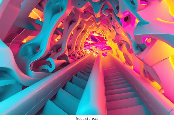 A surreal and colorful 3D rendering of a futuristic tunnel