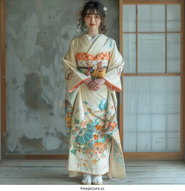 A young woman wearing a kimono is standing in a traditional Japanese room.