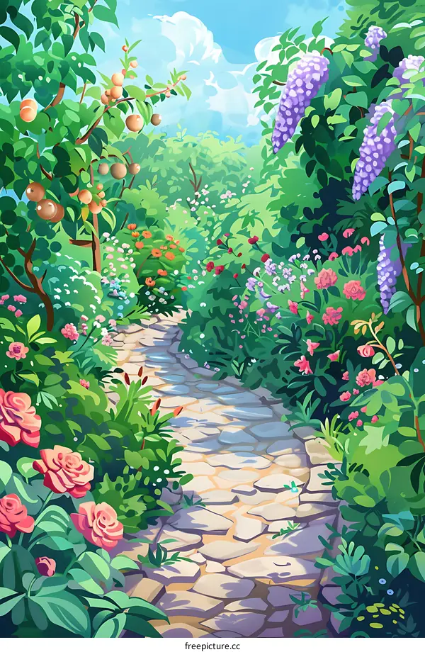 Stone Path Through Lush Garden With Flowers and Trees