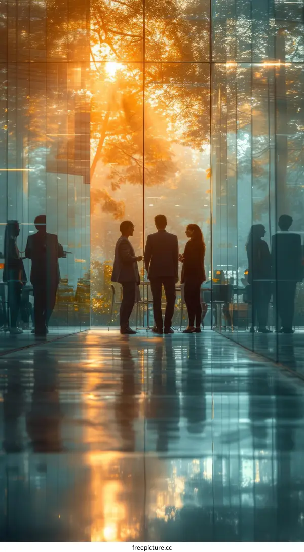 Three business people talking in a modern office