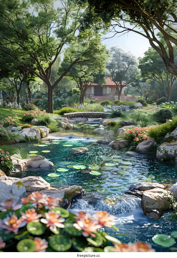 chinese style garden with lotus pond