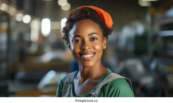 Portrait of a smiling young African American woman wearing an orange headscarf in a factory.