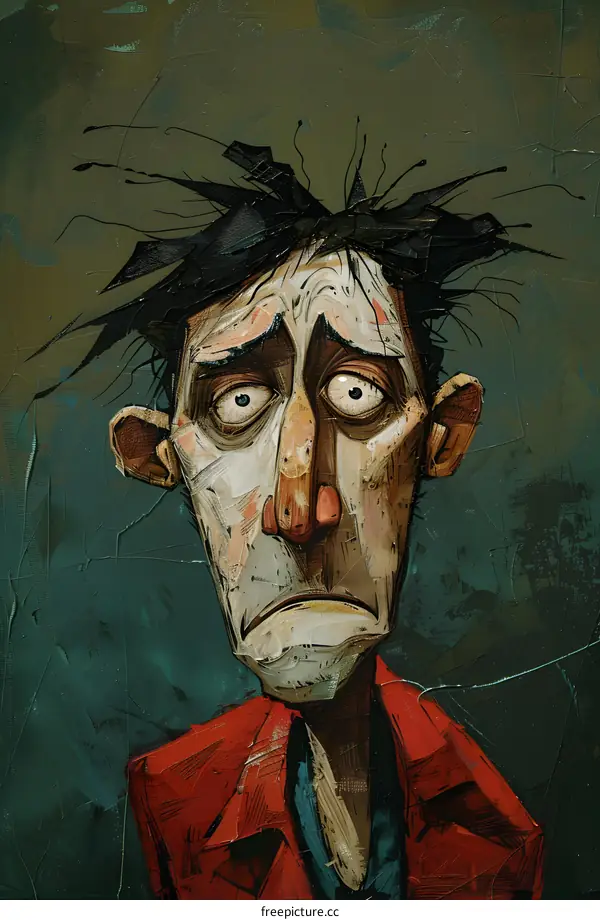 A painting of a man with a red coat and a sad expression on his face