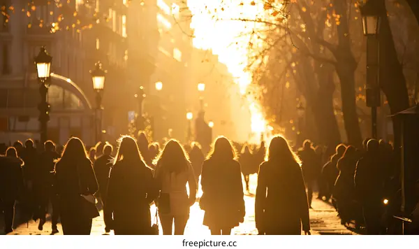 Silhouettes of People Walking in a City Street at Sunset