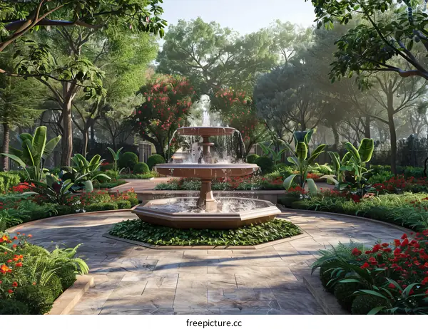 Grand Courtyard with Fountain and Lush Greenery
