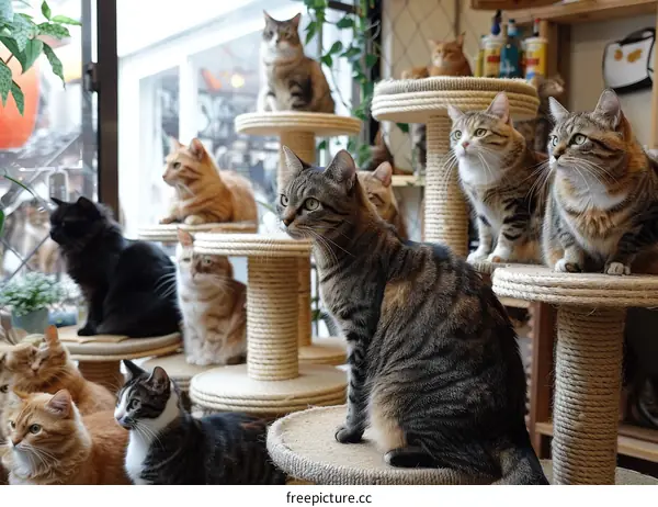 A group of cats sitting on a cat tree looking out the window