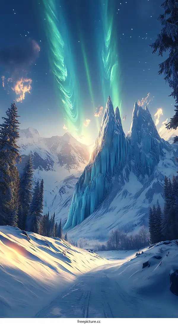 Winter Landscape with Aurora Borealis and Snowy Mountains