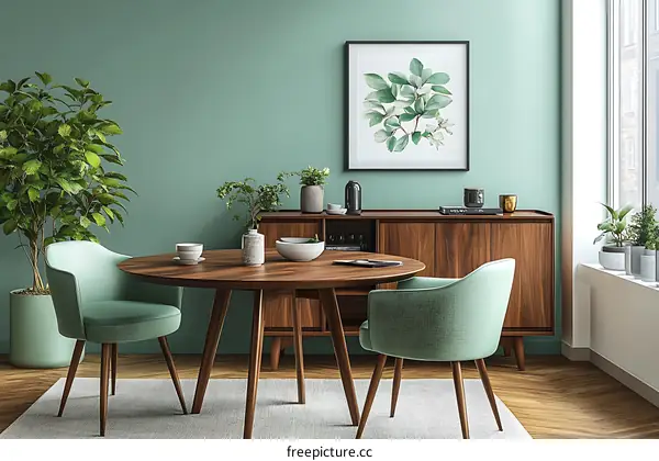 Mid-Century Modern Dining Area with Sage Green Accents