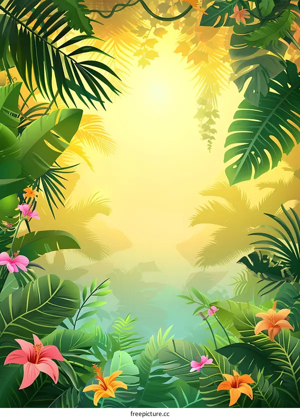 Tropical Jungle Background With Flowers
