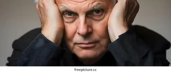 Close Up Portrait of Senior Man With Grey Hair and Blue Eyes Looking at Camera