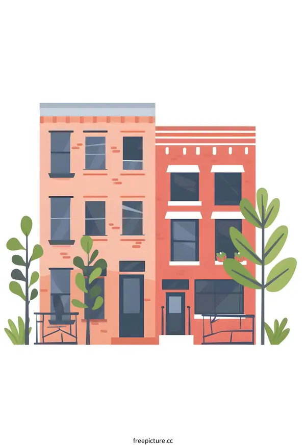 Illustration of Two Brick Buildings With Green Trees