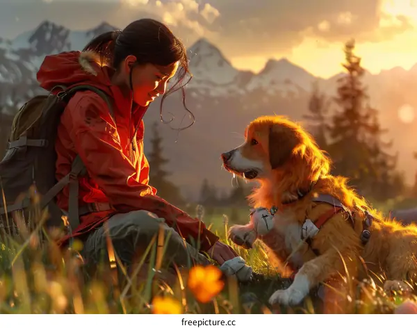 girl and her loyal dog in the mountains at sunset