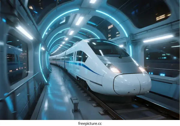High-Speed Train Moving Through Futuristic Underground Station