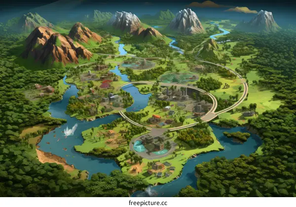 A green city surrounded by mountains and rivers