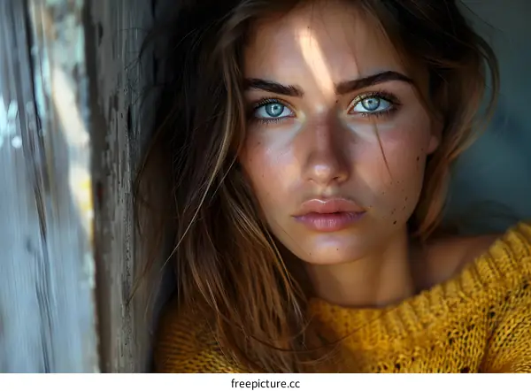 portrait of a beautiful young woman with blue eyes and freckles