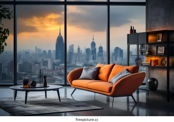 A stunning view of the city from a modern living room