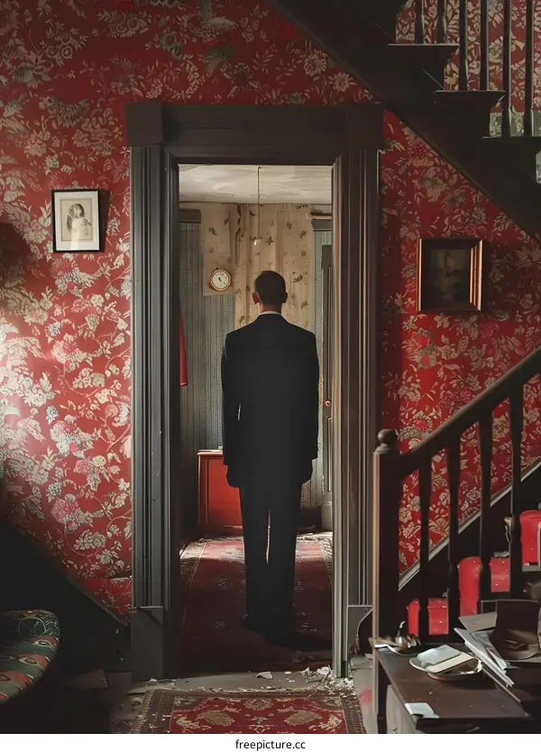 Man in Suit Standing in Old House Hallway