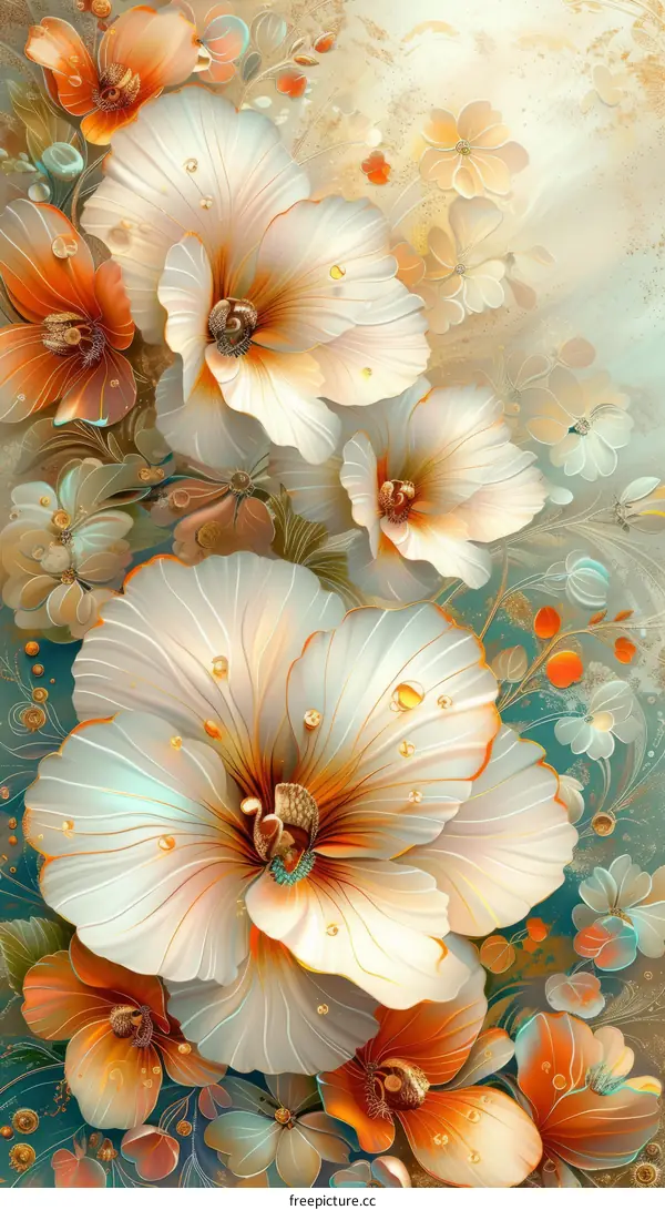 Exquisitely detailed painting of white and orange flowers