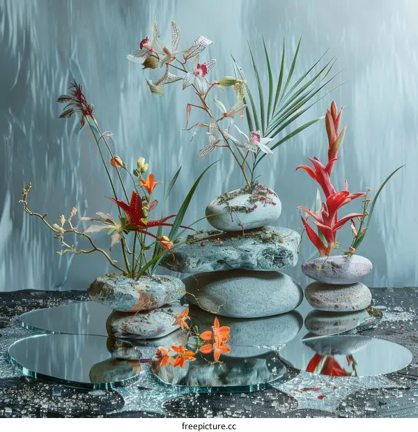 Still Life with Stones, Orchids, and Flowers