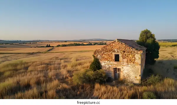 Abandoned Stone House in a Field of Gold