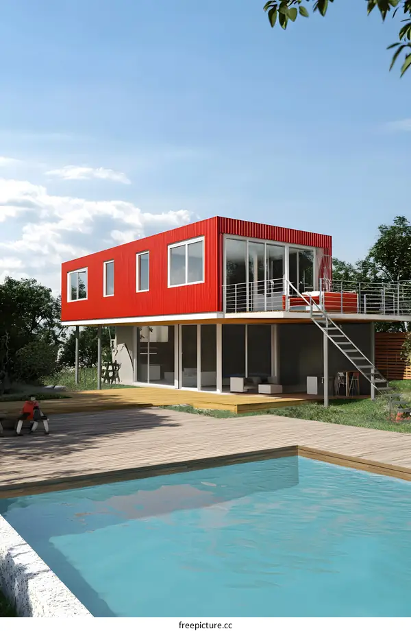 Red Container Home with Swimming Pool and Patio