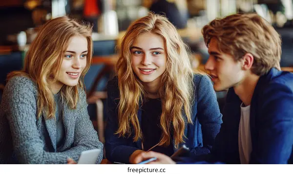 Three Teenagers Chatting in a Cafe